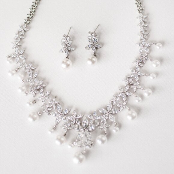 Bridal Statement Necklace & Earring Set, Cubic Zirconia and Pearl Jewelry Set - Picture 3 of 9